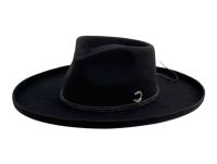 Wool Felt Teardrop Fedora Hats With Curled Brim & Leather Trim Band F7145D3_Black
