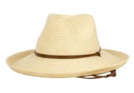 UP BRIM PAPER STRAW FEDORA HATS WITH LEATHER BAND & CHIN CORD F6040