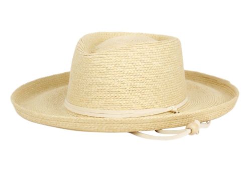 UP BRIM PAPER STRAW FEDORA HATS WITH LEATHER STRING BAND & CHIN CORD F6041